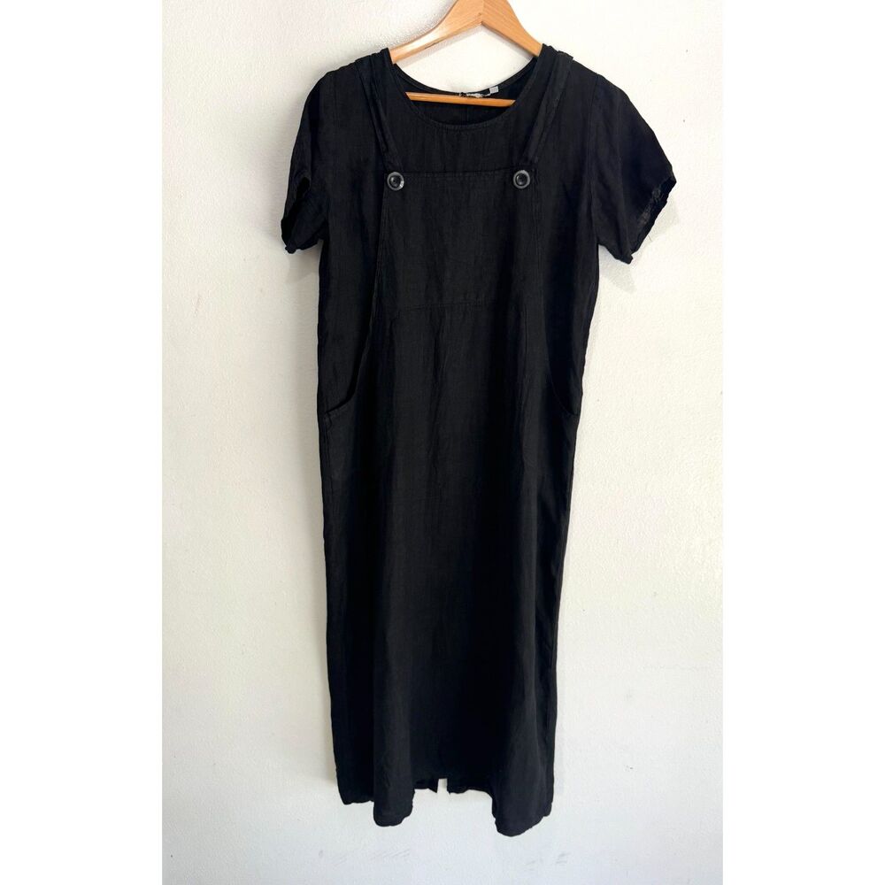 Classique 100% Linen dress black midi casual summer vacation resort women M